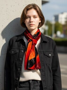 Saipet Burnout Velvet Scarf Sheer Silk Blend Red Orange Black Flocked Polka Dot